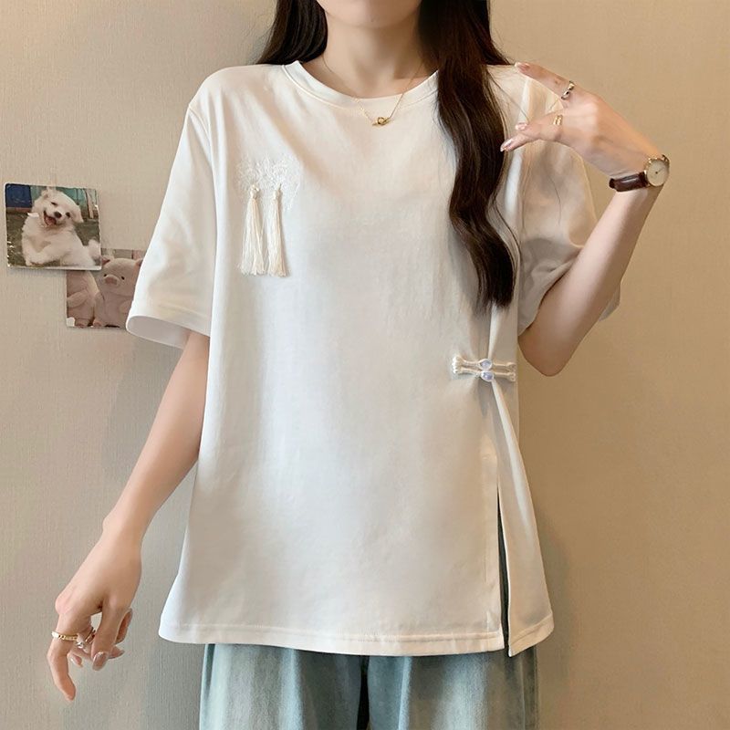 Nueva camiseta de manga corta con botones de borla de estilo nacional chino para mujer 2024 verano nuevo estilo suelto y delgado top de talla grande para mujer ins