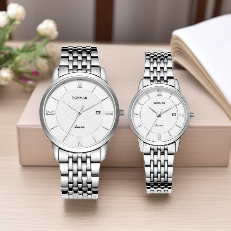 Cross-Border Couple Watches Stainless Steel Fashion Watches a Pair of Steel Band Waterproof Quartz Watch Birthday Gift All Steel Watch