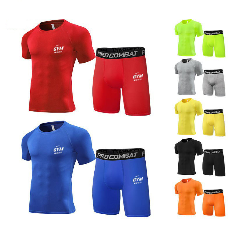 European and American Men's Sports Short-Sleeved Shorts Fitness Tight Compression Yoga Basketball Quick-Drying Breathable Suit Factory Direct Sale
