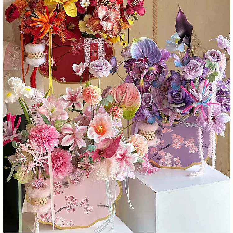 2025新款年宵花如意锁福桶客厅摆件中式风插花盒花店花艺资材批发