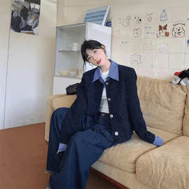 韩系假两件拼接翻领小香风外套女秋季新款宽松休闲短款夹克上衣潮