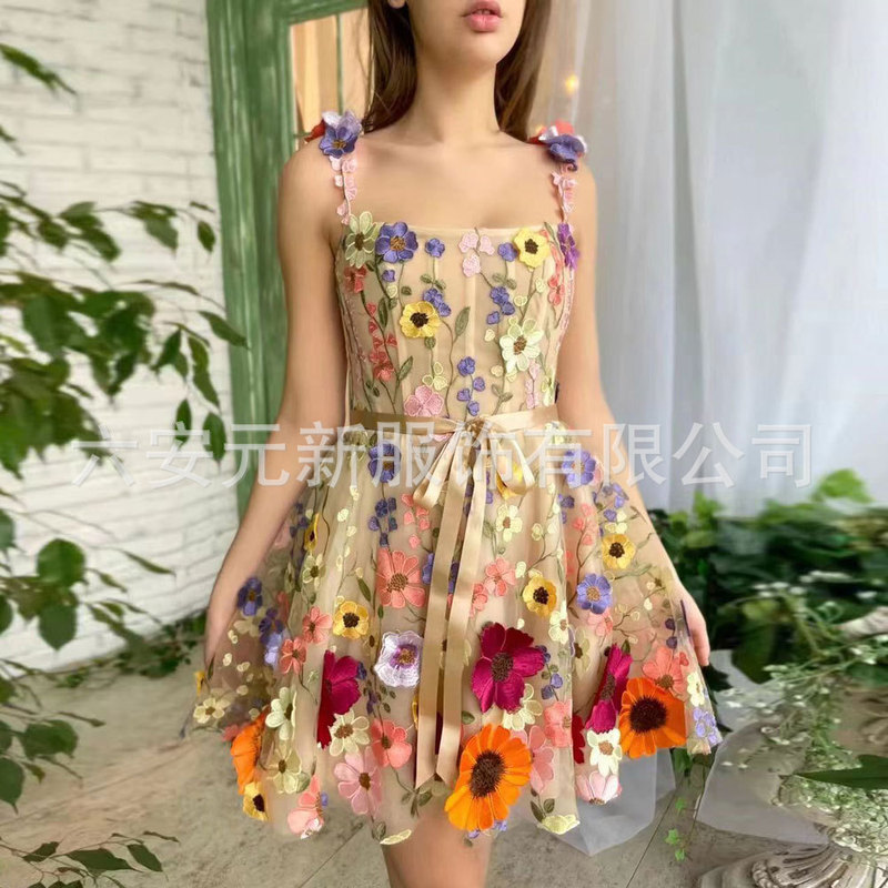 2023 new European and American cross-border Amazon colorful pastoral ball gown flower evening floral strap party