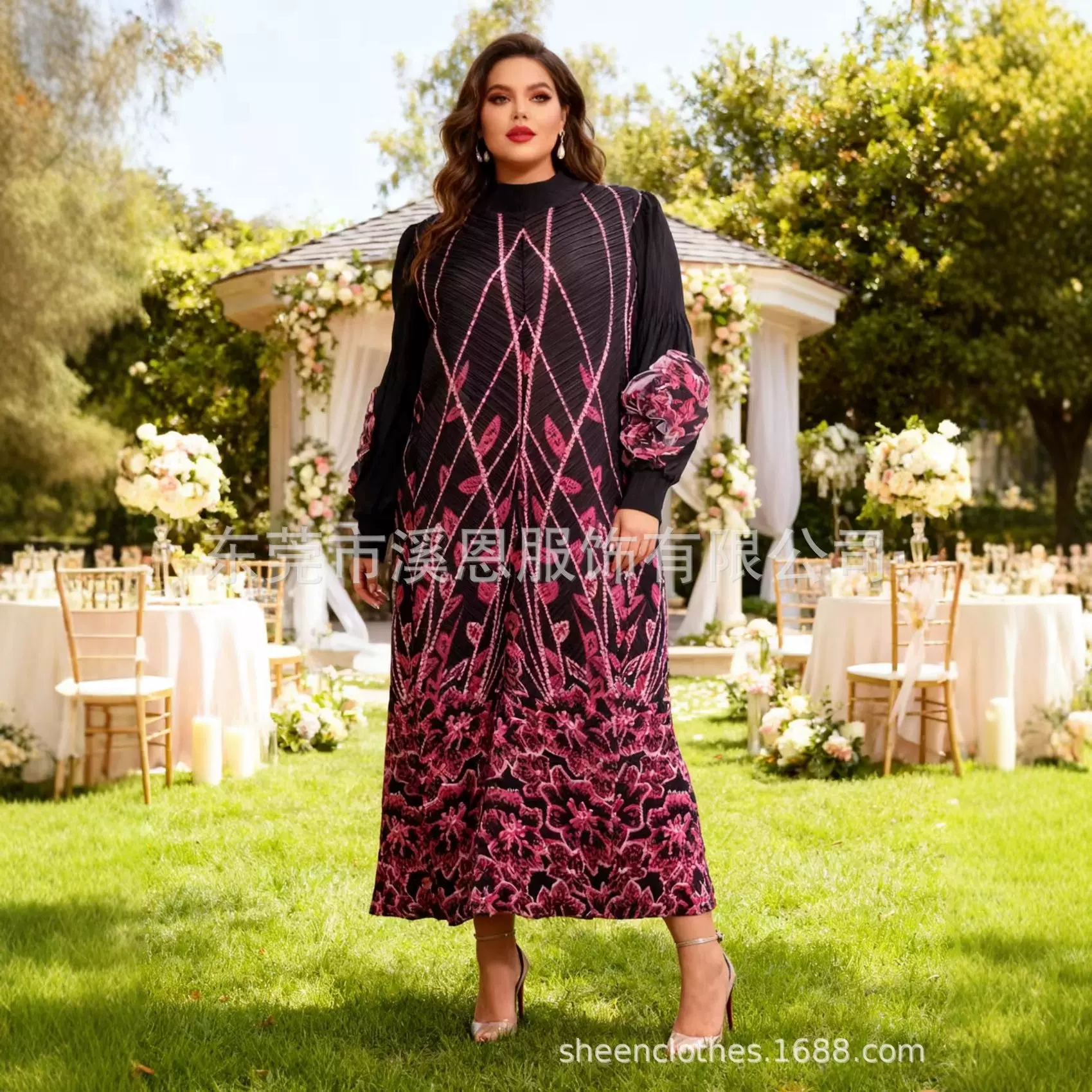 Miaykie新款褶皱时尚印花立体花朵长袖长款连衣裙女装大码跨