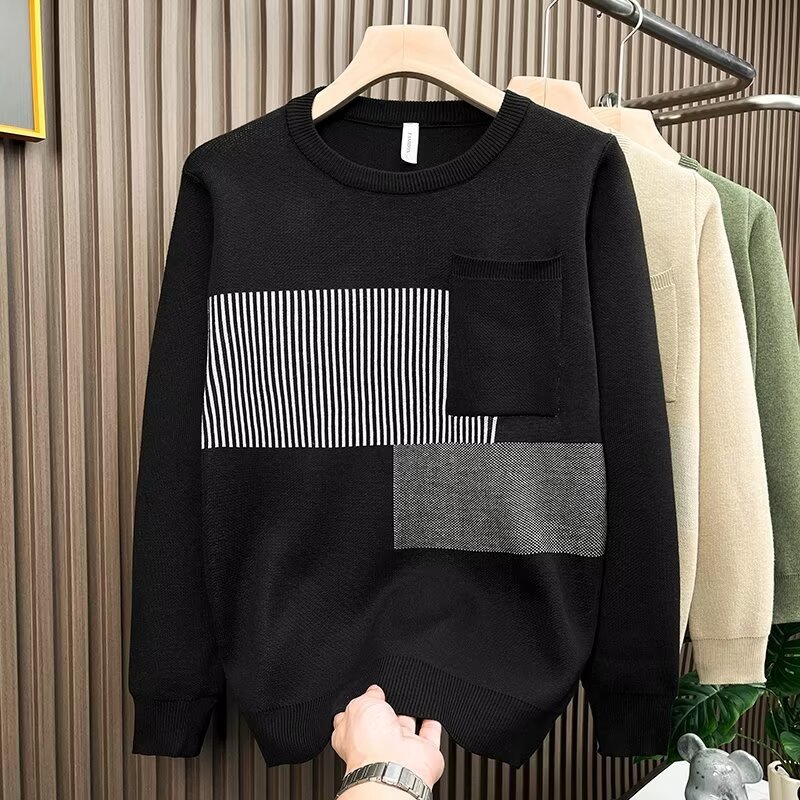 Herren Strickpullover Mit Blockstreifen Und Rundhalsausschnitt_voghion.com