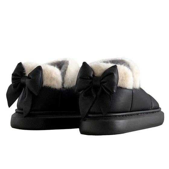 New Bow Cotton Slippers Women's Autumn and Winter Indoor Household Moon Shoes Thick Sole Non-slip fleece-lined Warm Bag Heel Cotton Shoes