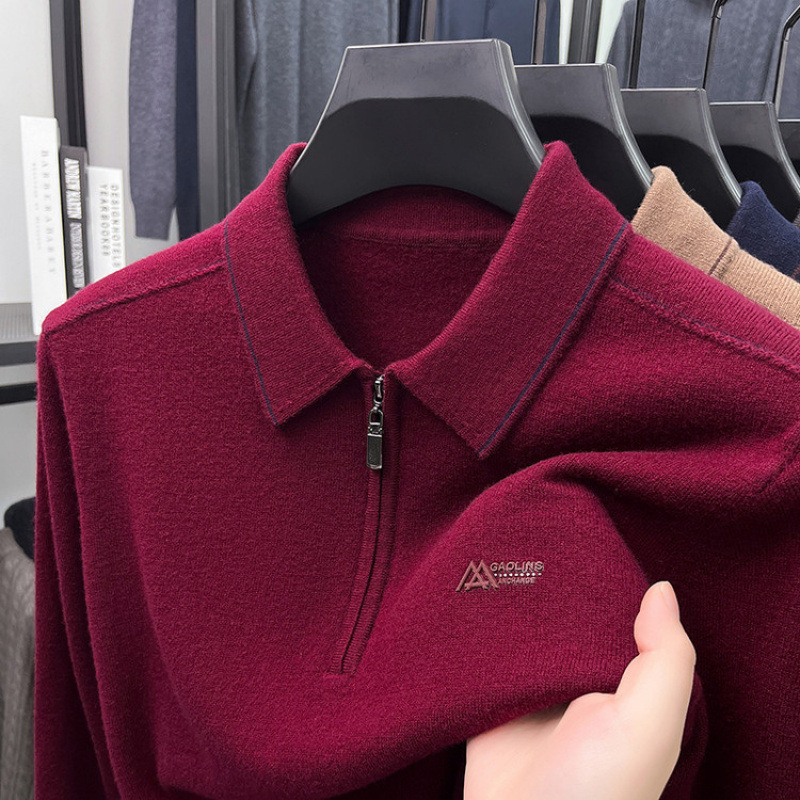 2025 Men's Autumn/Winter New Style Zodiac Year Red Lapel Zipper Wool Sweater Top for Dad's Wedding Banquet Outfit