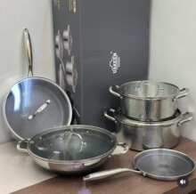 UAKEEN三层钢304锤纹VK-56不锈钢10件套汤锅无涂层cookware