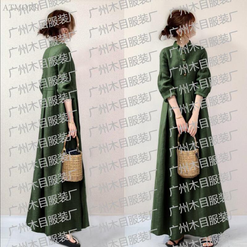 in stock cross-border hot dress 2024 autumn new lapel retro high waist 7 sleeve A dress