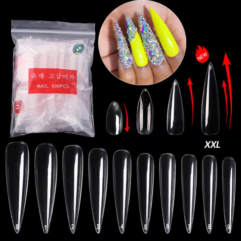 500 Pieces of XXL Long Almond-Shaped Nail Tips in a Bag, Ultra-Thin Seamless Transparent Nail Art False Nail Tips