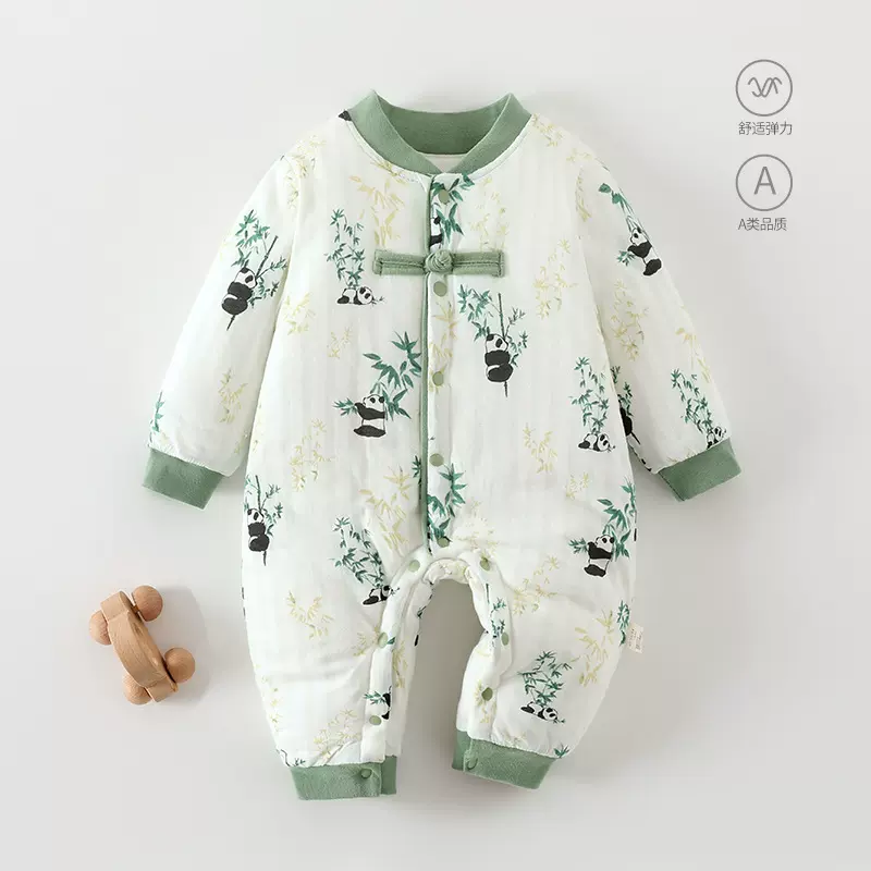 婴儿连体衣秋冬季夹棉加厚保暖宝宝中国风过年拜年服安阳童装爬服
