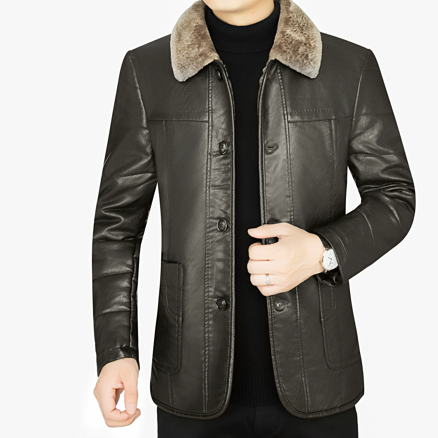 Повседневная куртка для мужчин среднего и пожилого возраста, кожаная зимняя Мужская Утепленная теплая куртка, кожаная куртка на флисовой подкладке для папы с лацканами