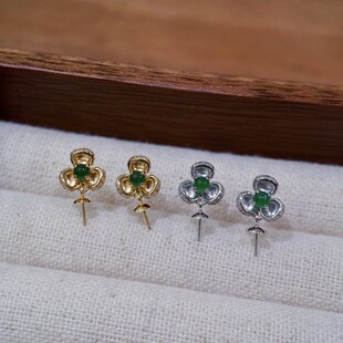 18K Gold Accessories Small Flower Jade Earrings Strong Sun Green Jade Diamond Inlaid D0.06Ct Reference Beads 9-10mm
