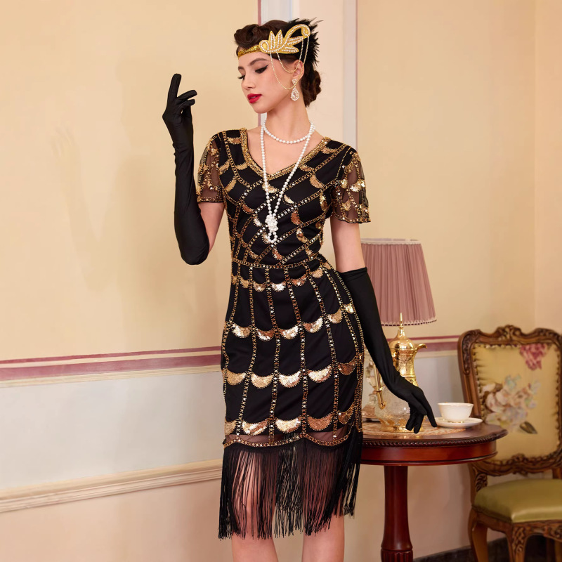 European and American Popular Style Wish Plus-Size 1920S Vintage Sequin Dress Handmade Beaded Tassel Dress Gatsby Dress