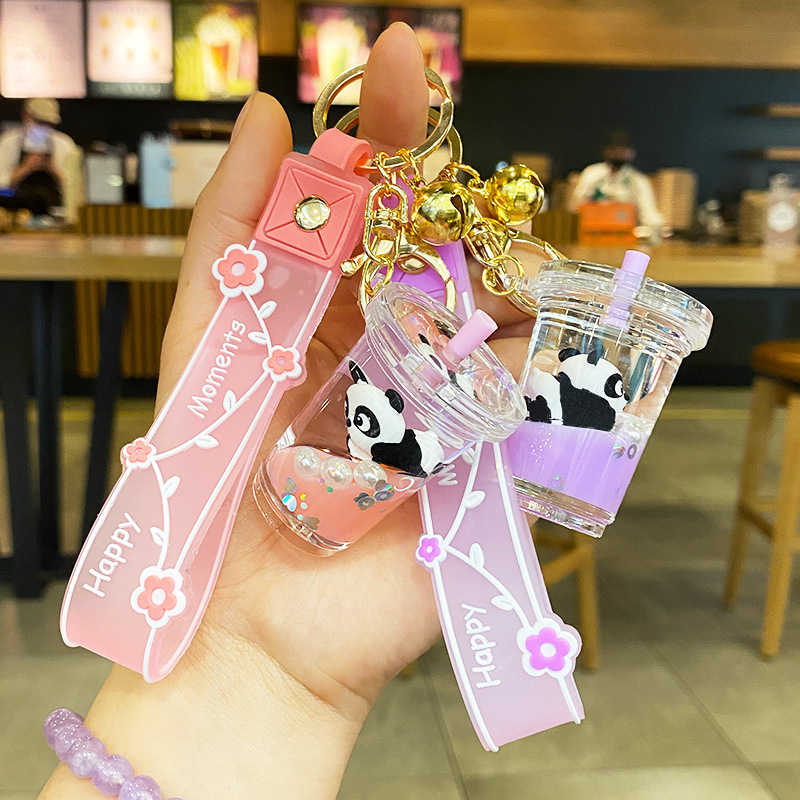 Cute Panda quicksand key chain drift bottle milk tea cup liquid pendant school bag Car pendant key chain gift Cute Panda quicksand key chain drift bottle milk tea cup liquid pendant school bag Car pendant key chain gift