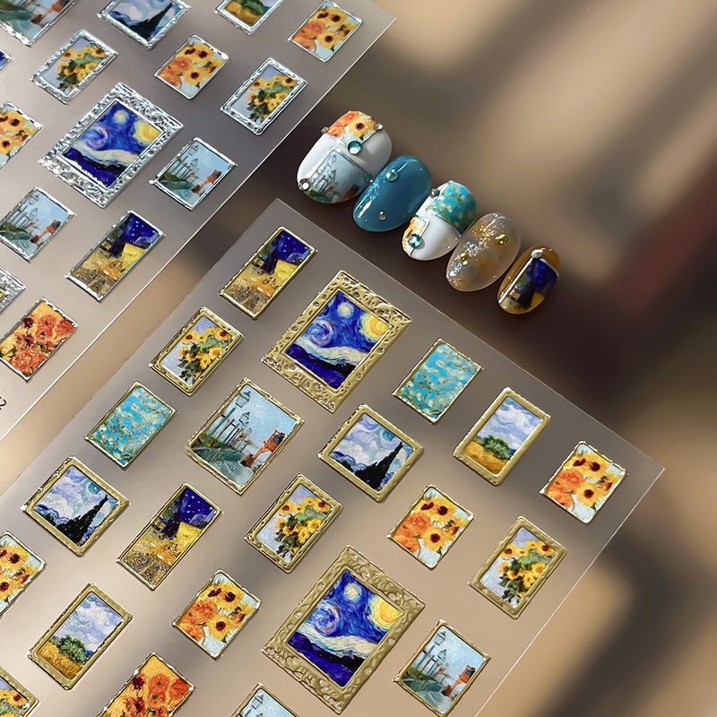 Ant Pattern Nail Art Stickers Retro Blue Van Gogh Sunflower Oil Painting Frame Stickers 5D Gold Foil Nail Art Stickers Yt8751