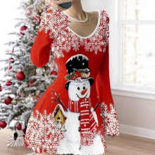 2025欧美亚马逊跨境秋冬圣诞节 印花V领坑条新款喇叭袖女装连衣裙