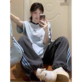 353+241#学生裤子短袖圆领两件套休闲运动套装女夏季长裤上衣棉女