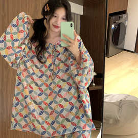实拍春夏季新款圆领款式大版型长袖长裤花色睡衣家居服套装女