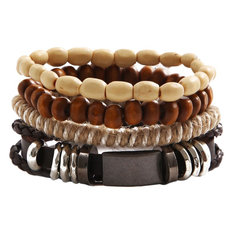 Nueva pulsera de cuero de los hombres negros de hierro transfronterizo creativo afortunado 8 palabras cuentas de madera cuerda de cáñamo pulsera tejida traje