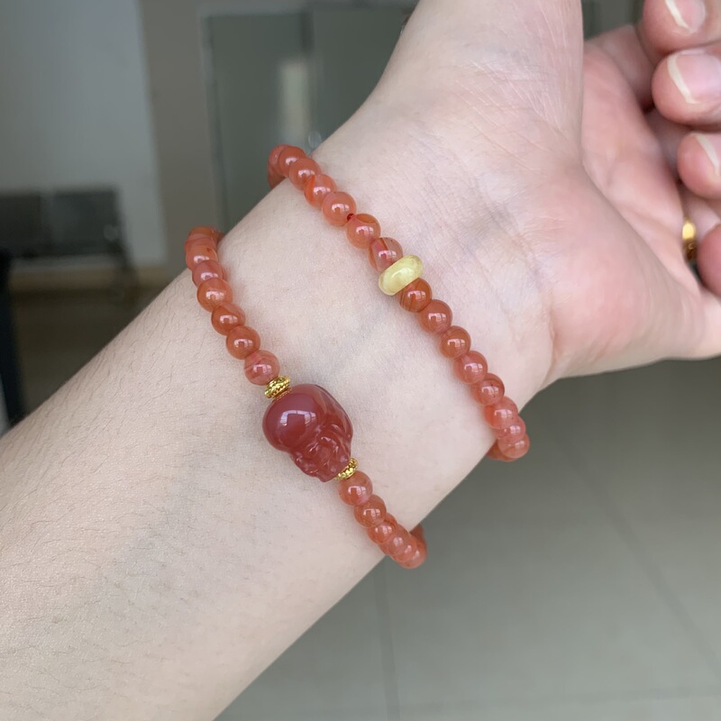 Nanhong Cherry Red 5mm Two-Ring Bracelet with Pixiu Beeswax Ring Nanhong DIY Bracelet Two-Ring Bracelet