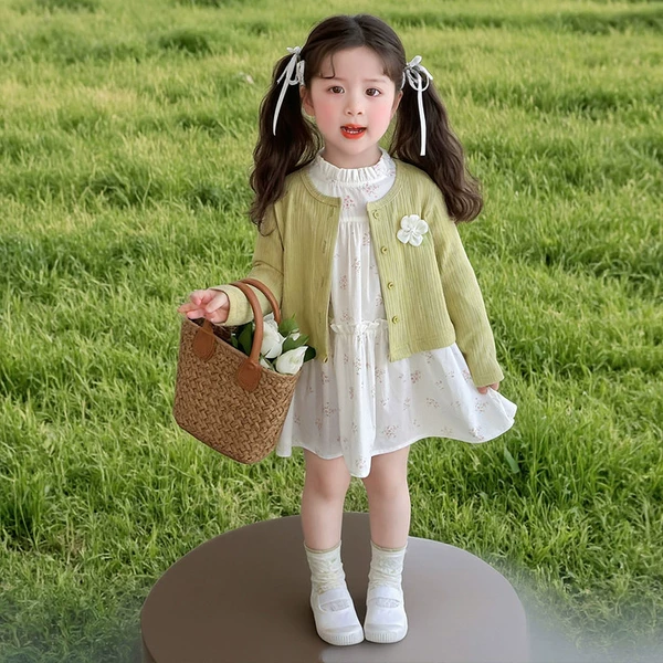 Green cardigan, dress, set, flowered