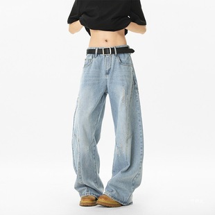 American Ripped Scimitar Jeans Men's Summer Design Loose Straight Wide Leg Pants Casual Pants