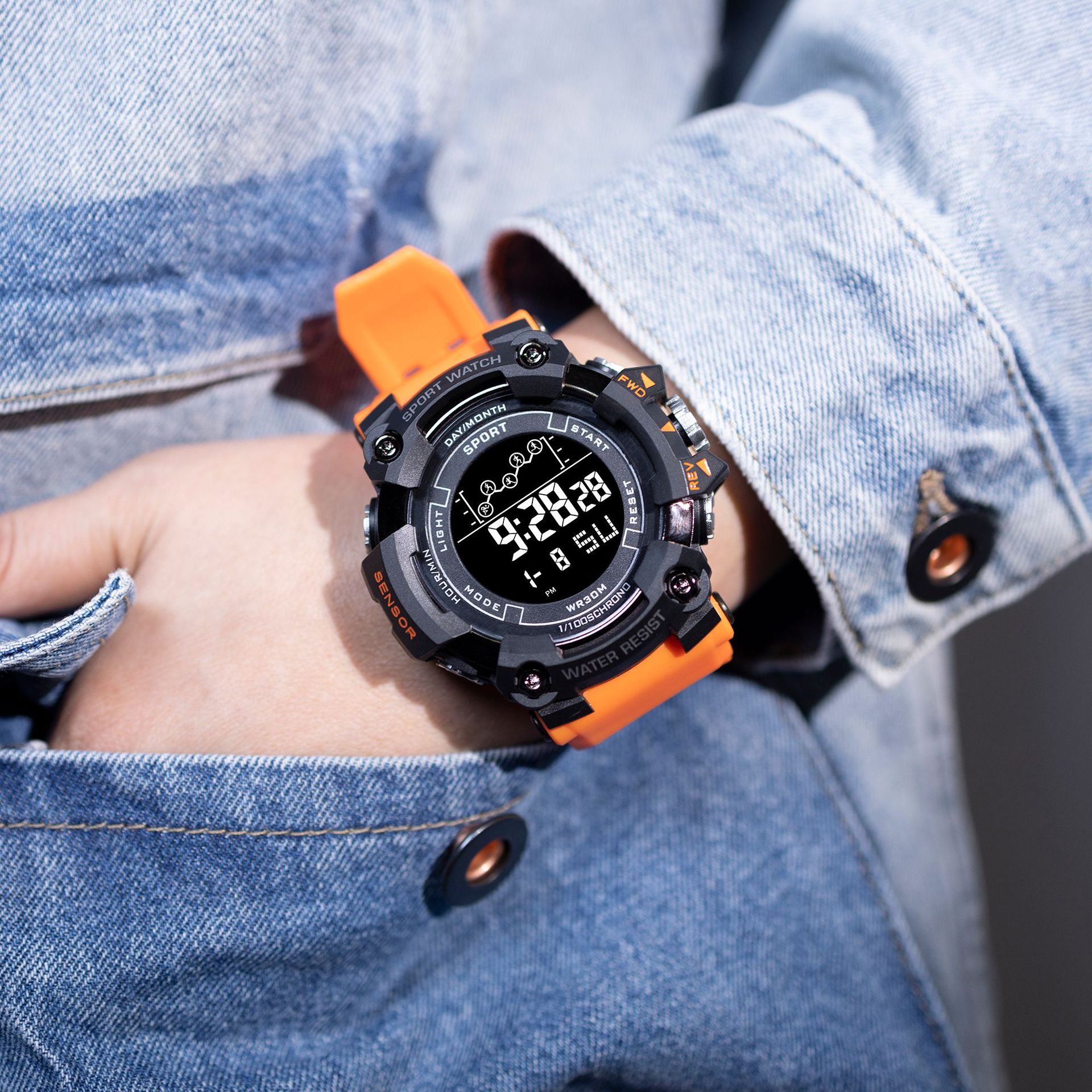 Cross-Border moda versátil multi-funcional reloj electrónico estilo deportivo de los hombres de moda dial grande al por mayor negro Tecnología Reloj