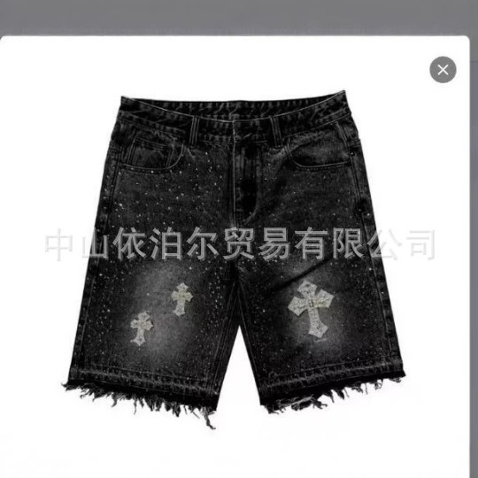 European and American Cross-Border 2025 New Hip-Hop Cross Straight Hot Diamond Denim Shorts High Street Full Diamond Five-Point Jeans