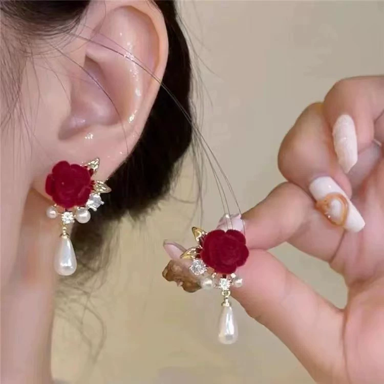 Festive red cute long demi-season earrings with bow with tassels, flowered