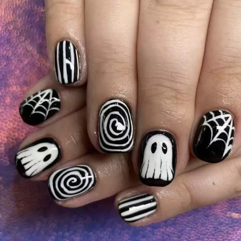 Halloween Black and White Wearable Nails Ghost Swirl Spider Web Nail Stickers Striped Cool Holiday Fake Nail Stickers Halloween Black and White Wearable Nails Ghost Swirl Spider Web Nail Stickers Striped Cool Holiday Fake Nail Stickers
