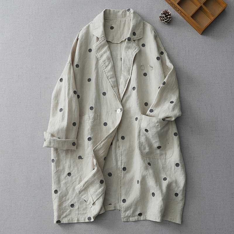 Real shot 2023 autumn women's linen wave point literary long sleeve coat Japanese style loose medium long suit with thin trench coat Real shot 2023 autumn women's linen wave point literary long sleeve coat Japanese style loose medium long suit with thin trench coat