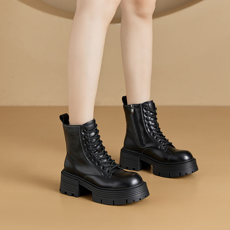 2026 Genuine Leather Thick-Soled Height-Increasing Martin Boots for Women, Mid-Calf Thick-Soled Versatile Retro British Style Short Boots, Thick-Soled Shoes Versatile