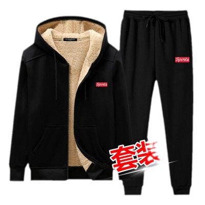 大码宽松保暖外套冬季新款羊羔绒休闲开衫套装加绒加厚连帽卫衣男|undefined