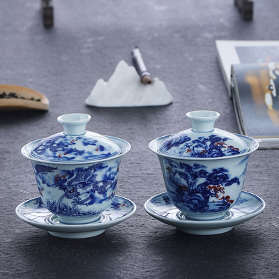 Retro Blue and white Cover bowl teacup Underglaze Chinese style Tea Ceremony household Make tea Three talents Cover bowl Kungfu Online tea set