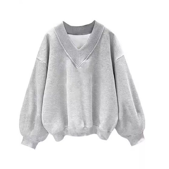 2024 Europe and the United States cross-border women's clothing Amazon independent station autumn and winter new solid color V collar fleece-lined loose Joker sweater