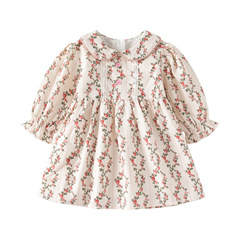 New Autumn Children's Clothing 24 Long-Sleeve Corduroy Dress for Girls Aged 1-3, Cute and Elegant Floral Dress