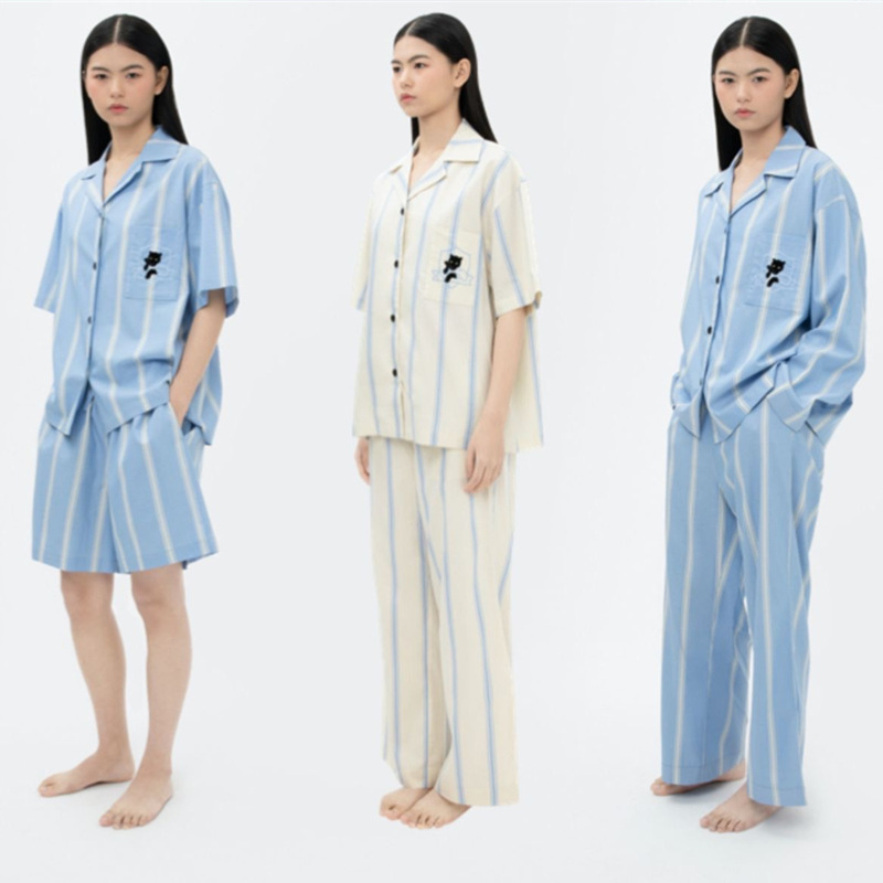 야수 홈 부드러운 부드러운 면 스트라이프 팬더 세트 남자와 여자의 반팔 긴 소매 바지 커플 잠옷