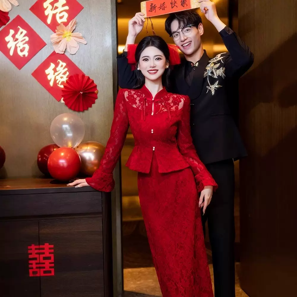 旗袍敬酒服新娘红色订婚礼服连衣裙新中式结婚衣服套装长袖礼服女