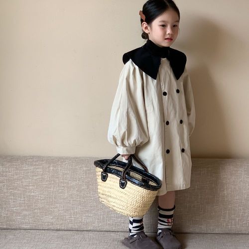 Children's Windbreaker 2024 Spring Girls Korean Style Contrast Color Lapel Windbreaker Children's Mid-Length Double-breasted Puff Sleeve Jacket