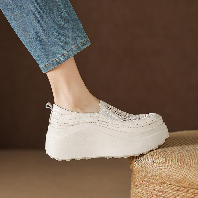 Giày sandal cao gót nữ hở mũi đế dày da thật mũi tròn phong cách lười — màu đen, màu trắng ngà