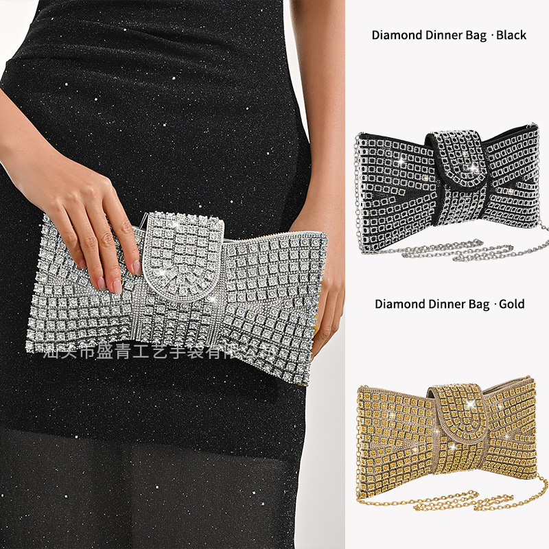 Cross-Border New Style Evening Bag for Women, Full Diamond Bow Clutch Bag, Fashionable Party Bag, Noble Chain Crossbody Bag