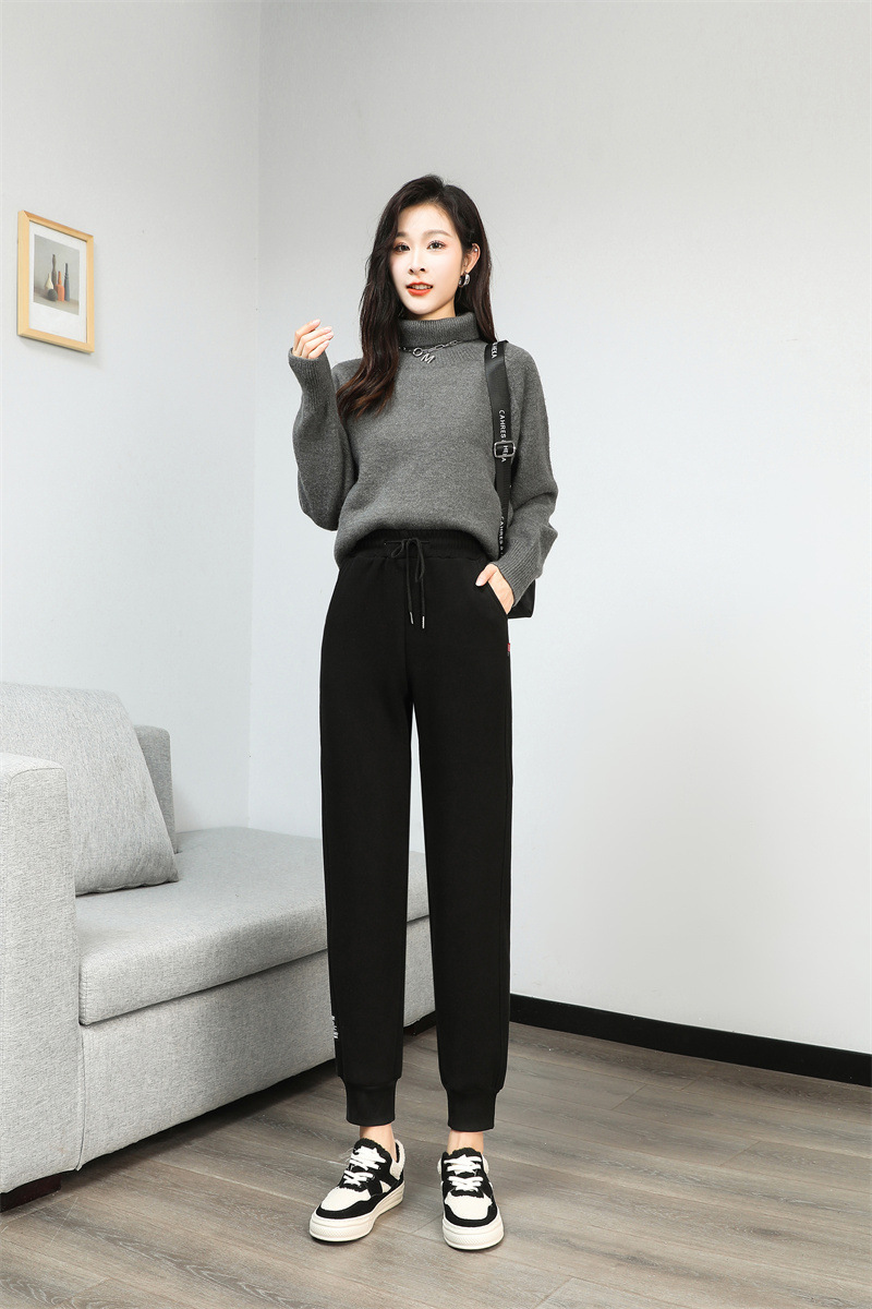 法米姿 羊羔绒运动加绒裤女新款加厚卫裤高腰显瘦束脚休闲裤哈伦