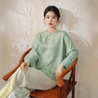 深圳南油新中式气质汉服圆领改良长袖跨境复古真丝花萝重工提花女