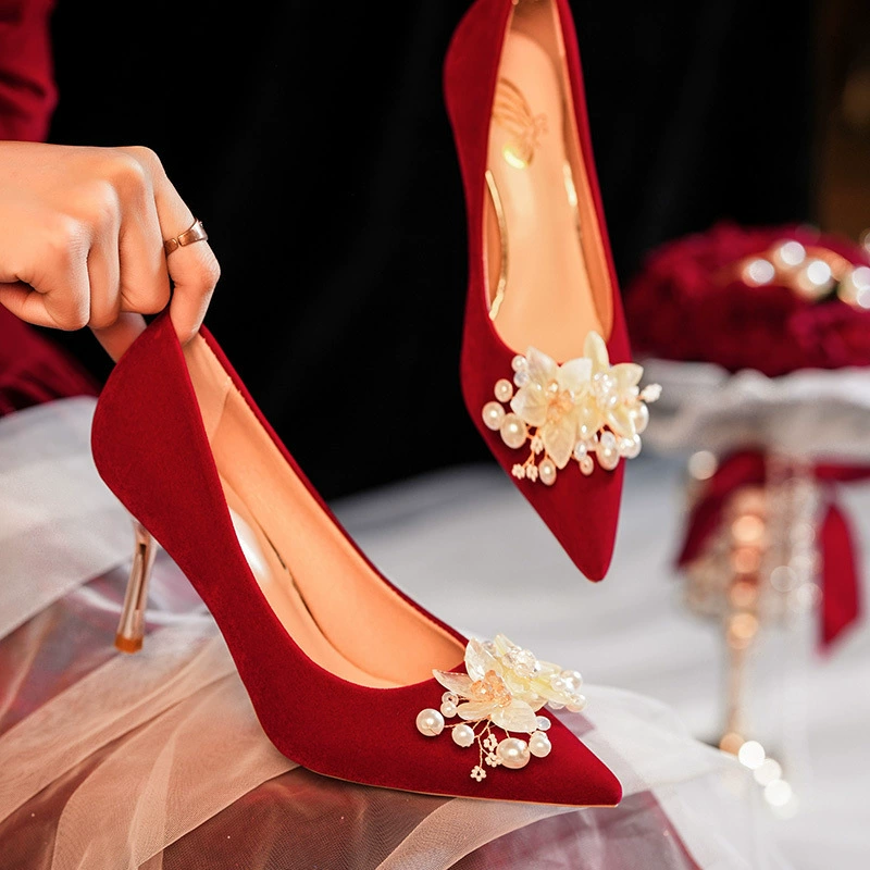 Red wedding shoes, 2024 years, flowered, Chinese style
