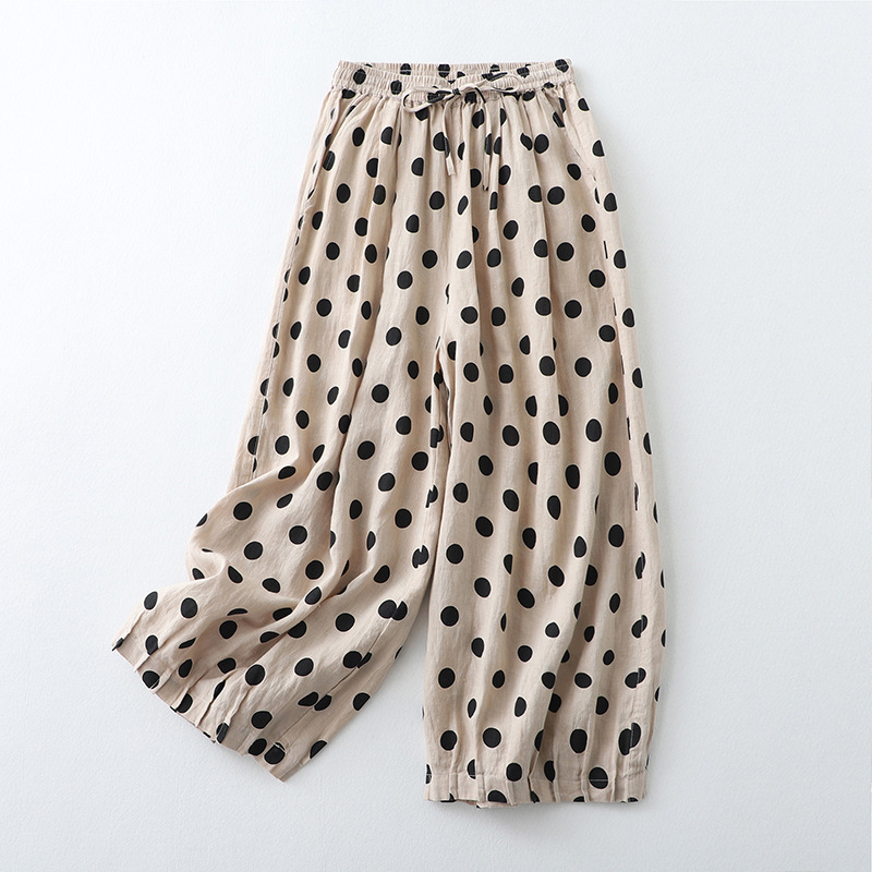 Summer New Thin Elastic Waist Straight-Leg Pants Retro Women's Fashion Polka Dot Cropped Harem Pants Cotton Linen Casual Pants