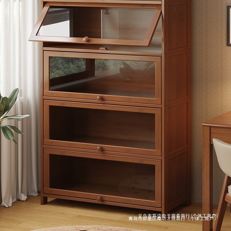 Bookshelf Rack Floor-Standing Bookcase Storage Cabinet Integrated Wall Storage Household Solid Wood Dust-Proof Display Cabinet with Door