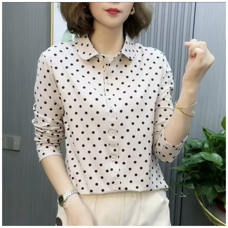 2024春秋季薄款百搭气质打底衫大码洋气波点显瘦长袖女士翻领衬衫