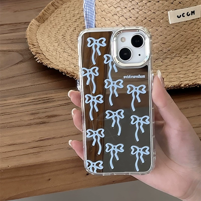 Чехол-отражатель Apple Bow Pro с узором бантик, синий космос или фуксия, для iPhone 11–15