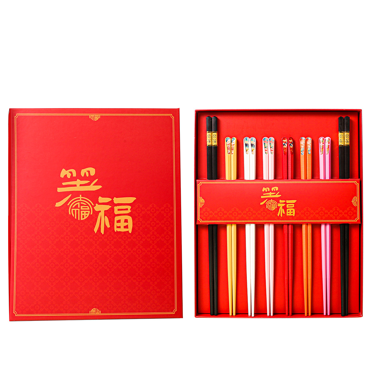 Nueva apertura rojo creativo palillos regalo traje nacional moda rojo ocho pares de palillos de aleación regalo en stock venta al por mayor