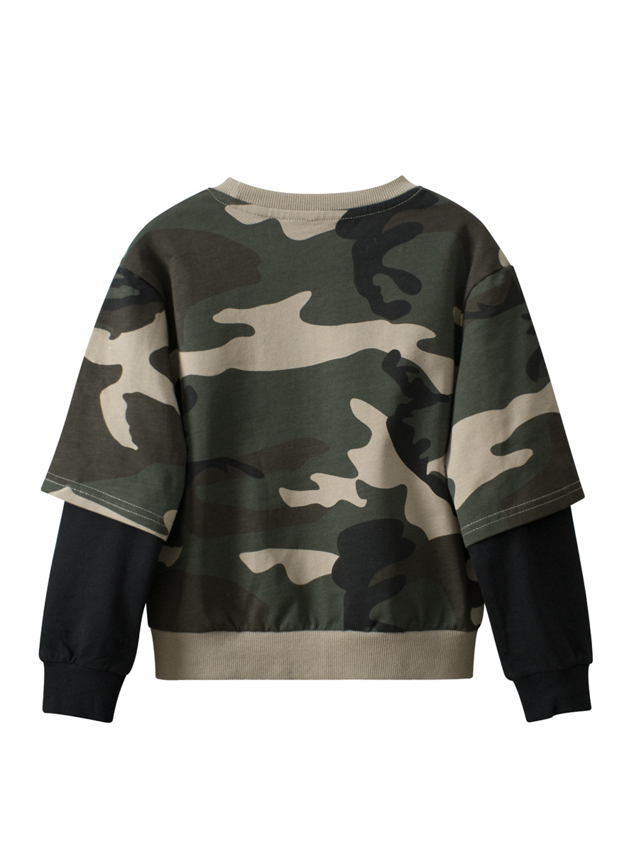 27kids ropa para niños transfronterizos 2025 primavera y otoño suéter para niños falso dos ropa para bebés camuflaje de una pieza